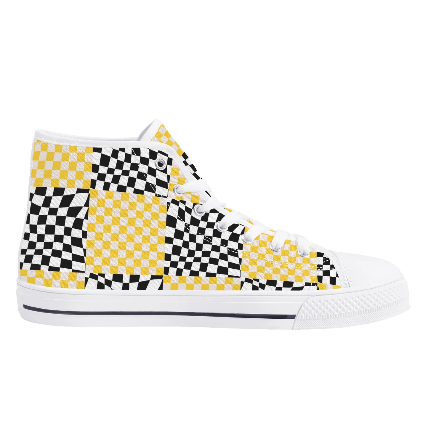 Black and Yellow Checkers - Mens High Top Canvas Shoes