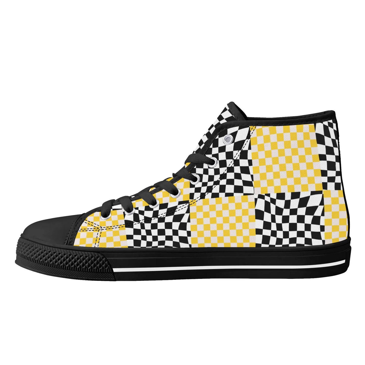 Black and Yellow Checkers - Mens High Top Canvas Shoes