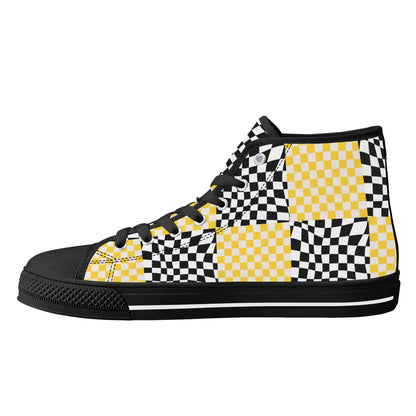 Black and Yellow Checkers - Mens High Top Canvas Shoes