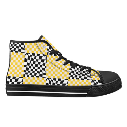 Black and Yellow Checkers - Mens High Top Canvas Shoes