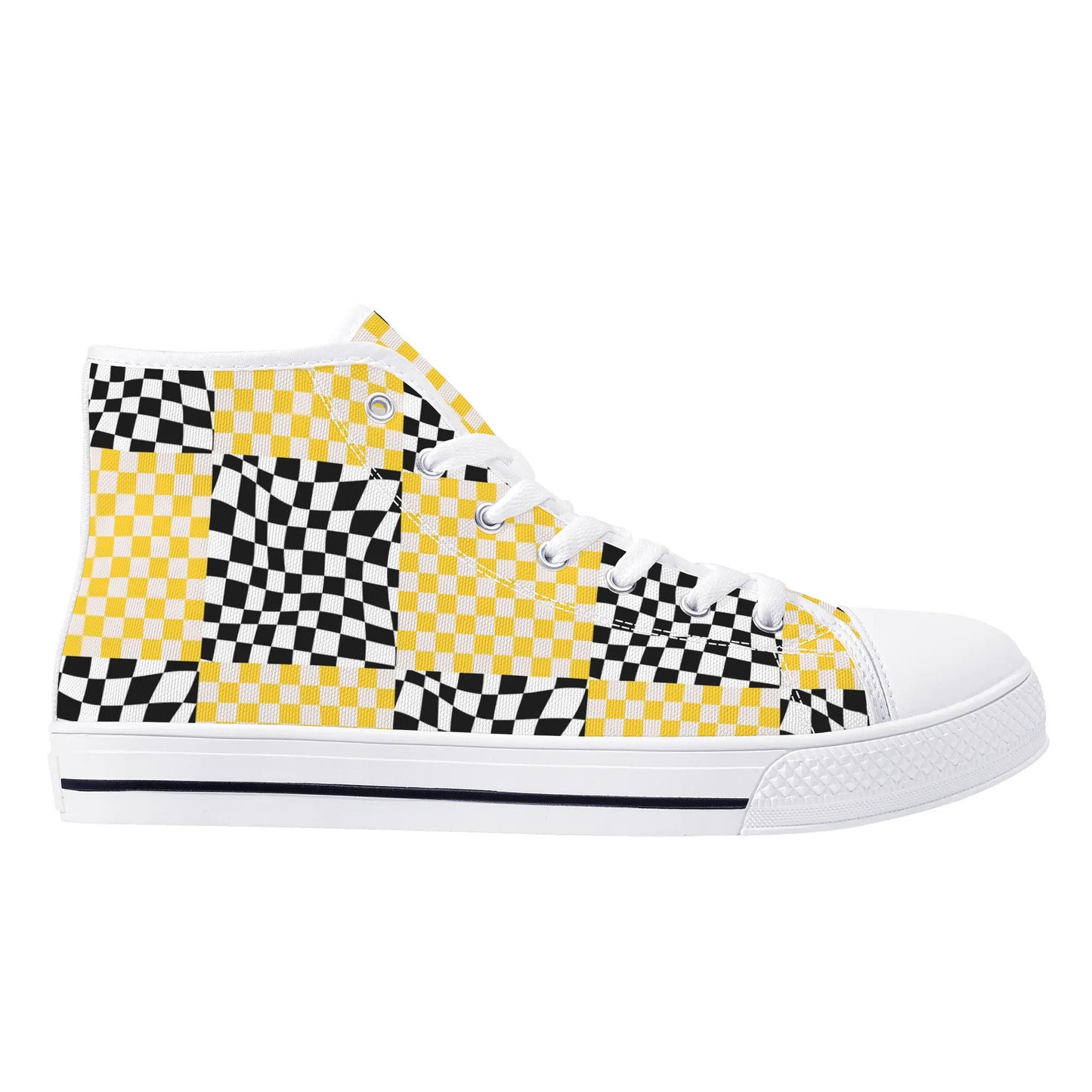 Black and Yellow Checkers - Mens High Top Canvas Shoes