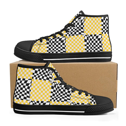 Black and Yellow Checkers - Mens High Top Canvas Shoes