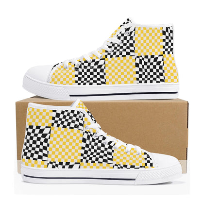 Black and Yellow Checkers - Mens High Top Canvas Shoes