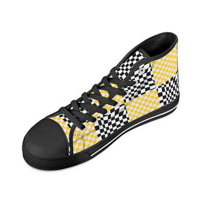 Black and Yellow Checkers - Mens High Top Canvas Shoes