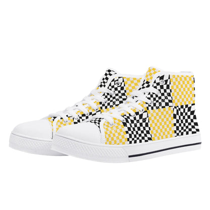 Black and Yellow Checkers - Mens High Top Canvas Shoes