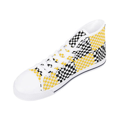 Black and Yellow Checkers - Mens High Top Canvas Shoes