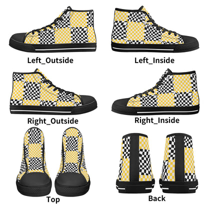 Black and Yellow Checkers - Mens High Top Canvas Shoes