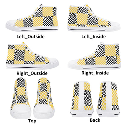 Black and Yellow Checkers - Mens High Top Canvas Shoes