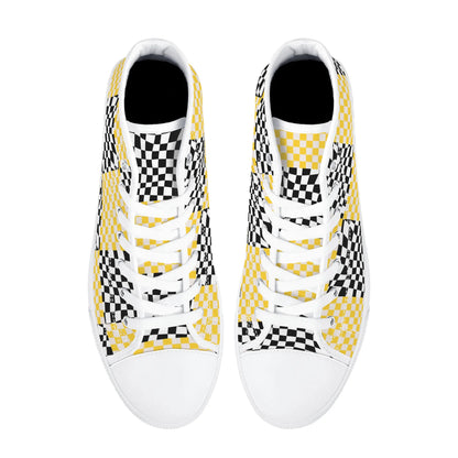 Black and Yellow Checkers - Mens High Top Canvas Shoes