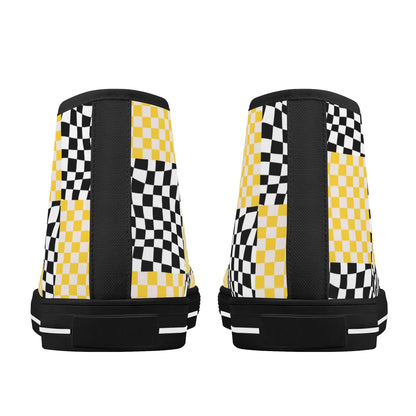 Black and Yellow Checkers - Mens High Top Canvas Shoes