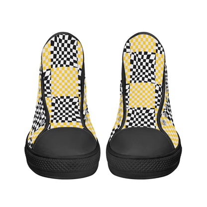 Black and Yellow Checkers - Mens High Top Canvas Shoes