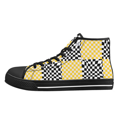 Black and Yellow Checkers - Mens High Top Canvas Shoes