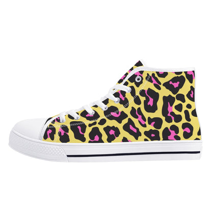 Yellow and Pink Leopard - Mens High Top Canvas Shoes