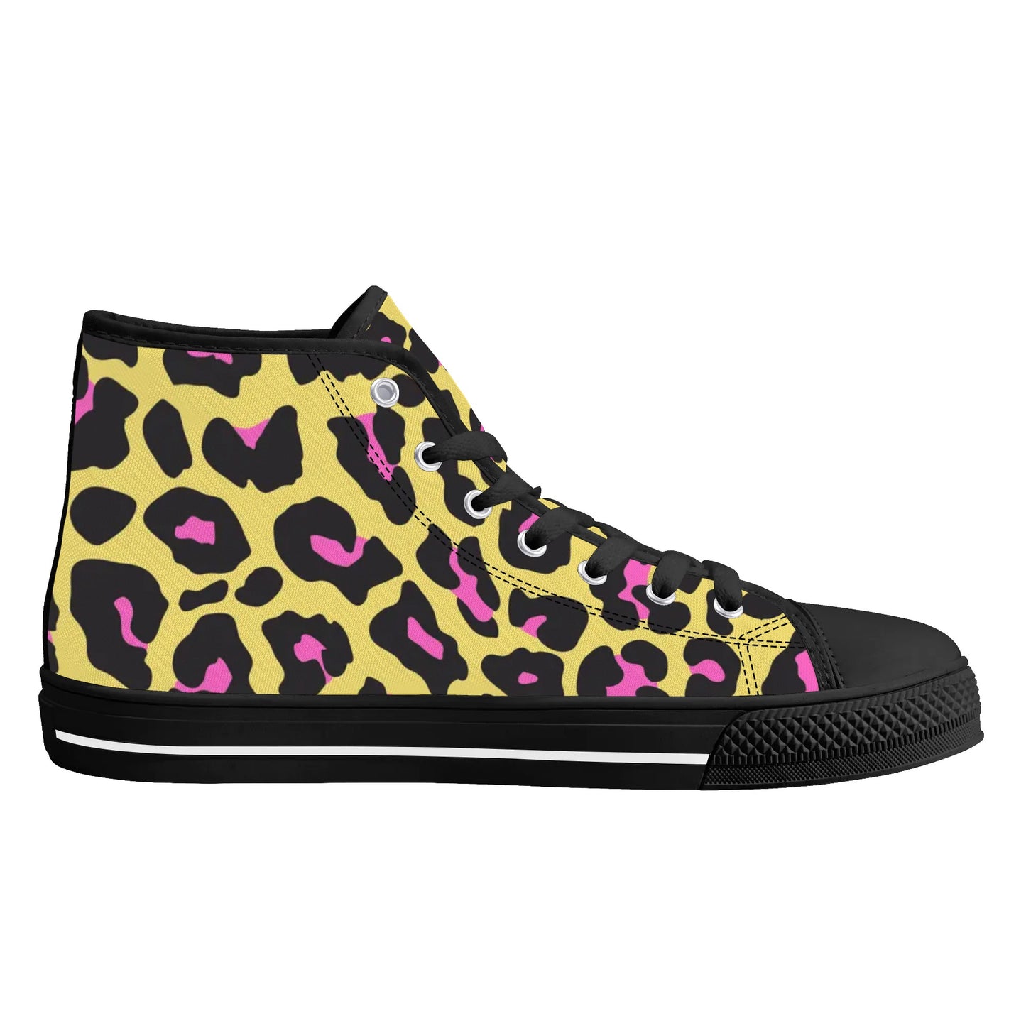 Yellow and Pink Leopard - Mens High Top Canvas Shoes