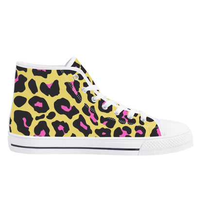 Yellow and Pink Leopard - Mens High Top Canvas Shoes