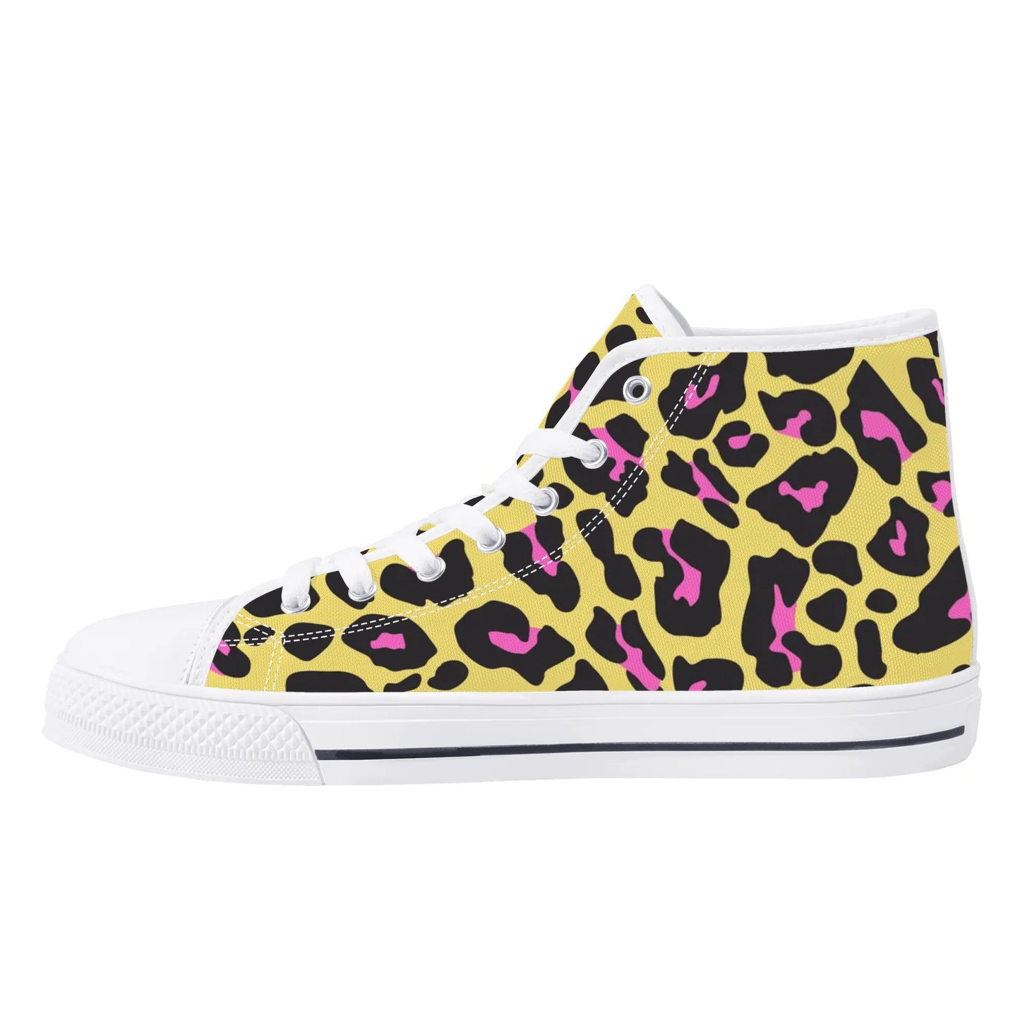 Yellow and Pink Leopard - Mens High Top Canvas Shoes