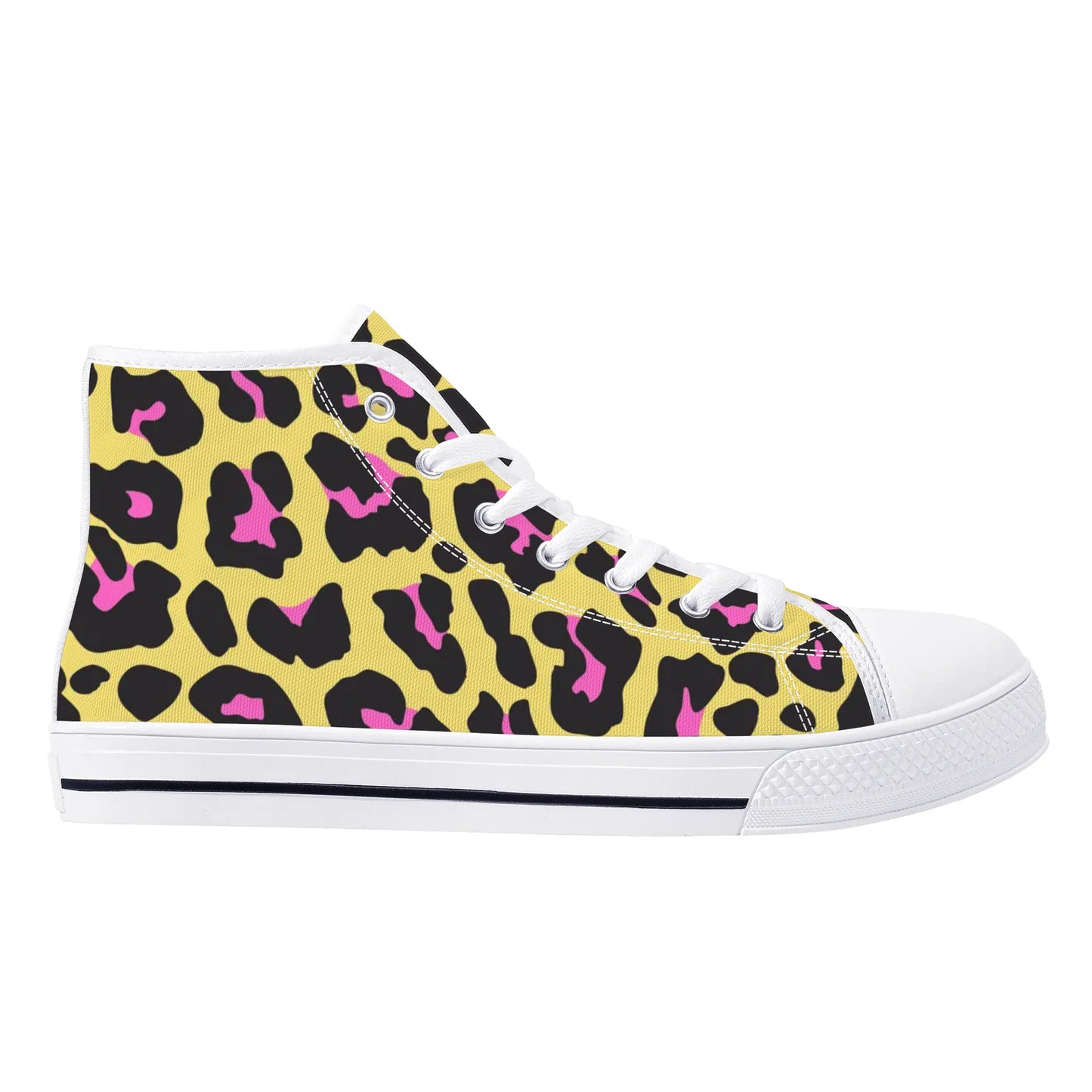 Yellow and Pink Leopard - Mens High Top Canvas Shoes