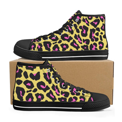 Yellow and Pink Leopard - Mens High Top Canvas Shoes