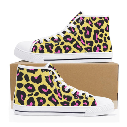 Yellow and Pink Leopard - Mens High Top Canvas Shoes