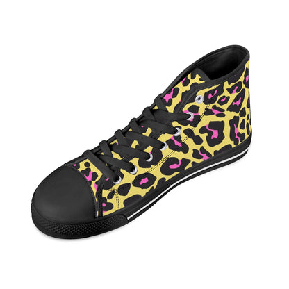 Yellow and Pink Leopard - Mens High Top Canvas Shoes