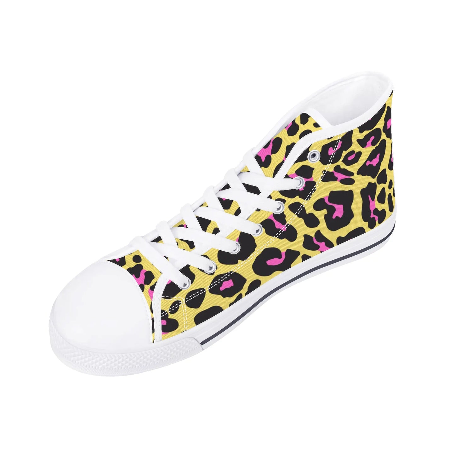 Yellow and Pink Leopard - Mens High Top Canvas Shoes