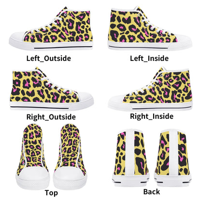 Yellow and Pink Leopard - Mens High Top Canvas Shoes