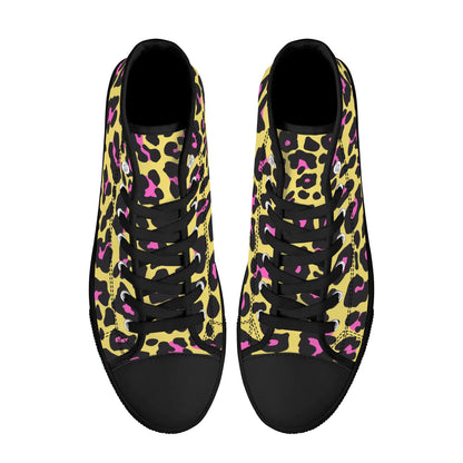 Yellow and Pink Leopard - Mens High Top Canvas Shoes