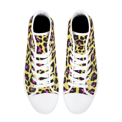 Yellow and Pink Leopard - Mens High Top Canvas Shoes