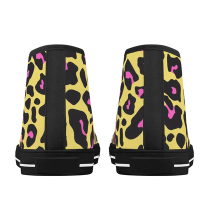 Yellow and Pink Leopard - Mens High Top Canvas Shoes