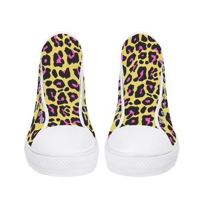 Yellow and Pink Leopard - Mens High Top Canvas Shoes