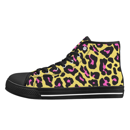 Yellow and Pink Leopard - Mens High Top Canvas Shoes