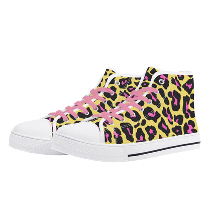 Pink and Yellow Leopard - Pink Laces Mens High Top Canvas Shoes