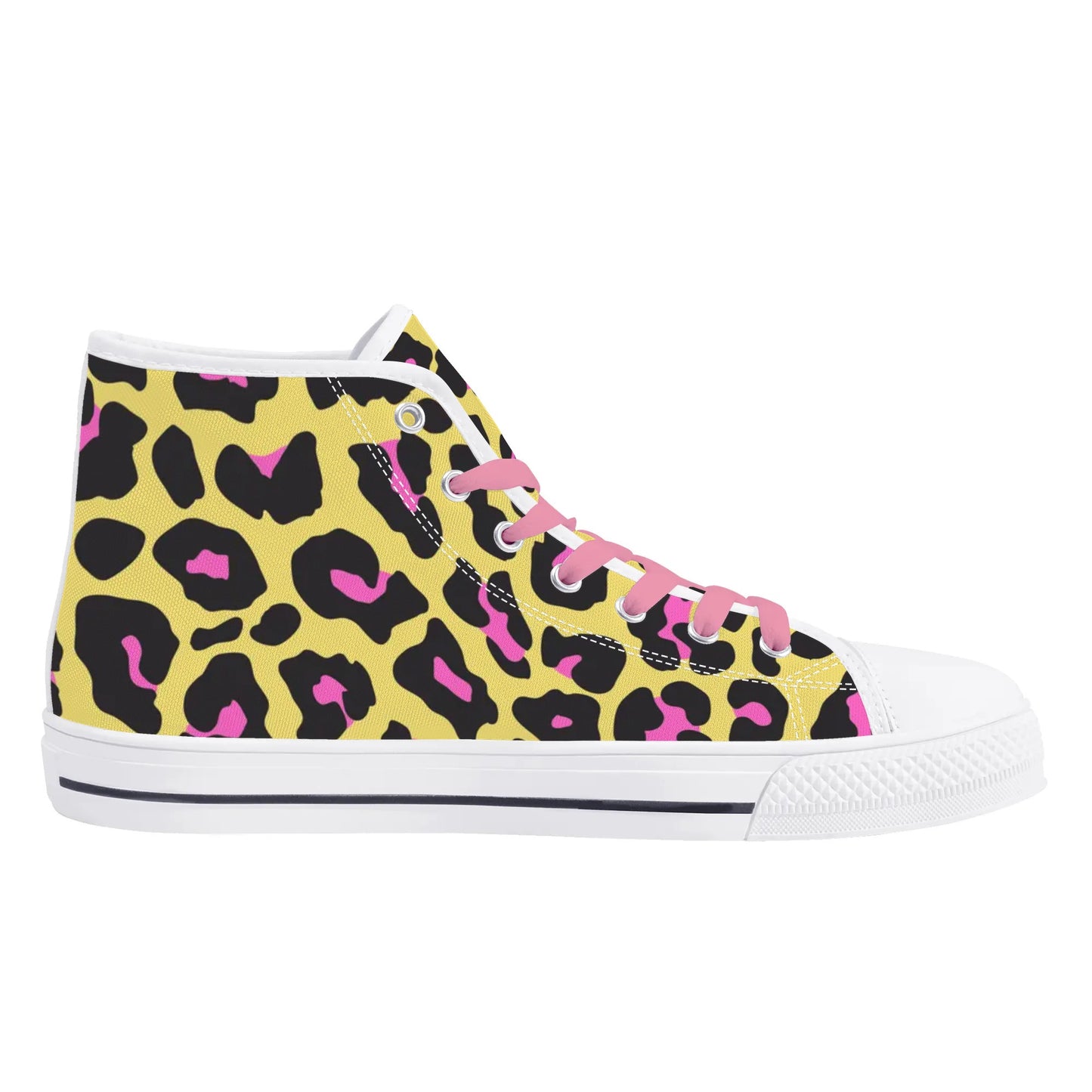 Pink and Yellow Leopard - Pink Laces Mens High Top Canvas Shoes