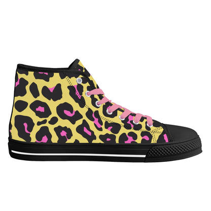 Pink and Yellow Leopard - Pink Laces Mens High Top Canvas Shoes