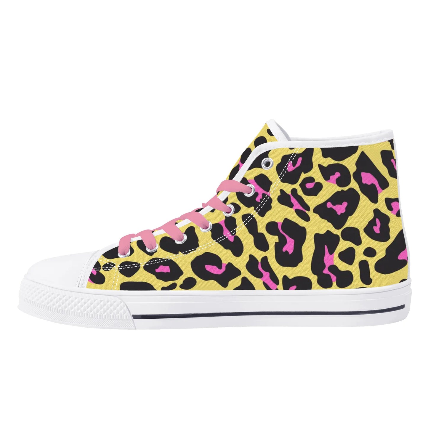 Pink and Yellow Leopard - Pink Laces Mens High Top Canvas Shoes