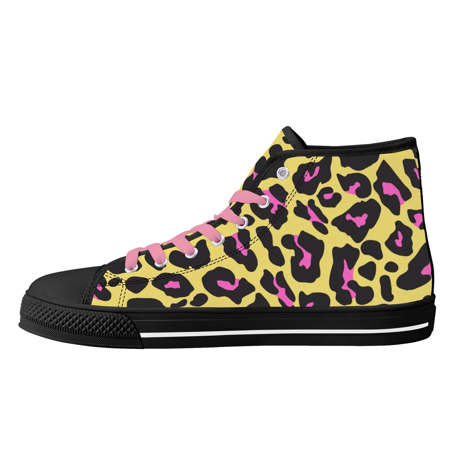 Pink and Yellow Leopard - Pink Laces Mens High Top Canvas Shoes