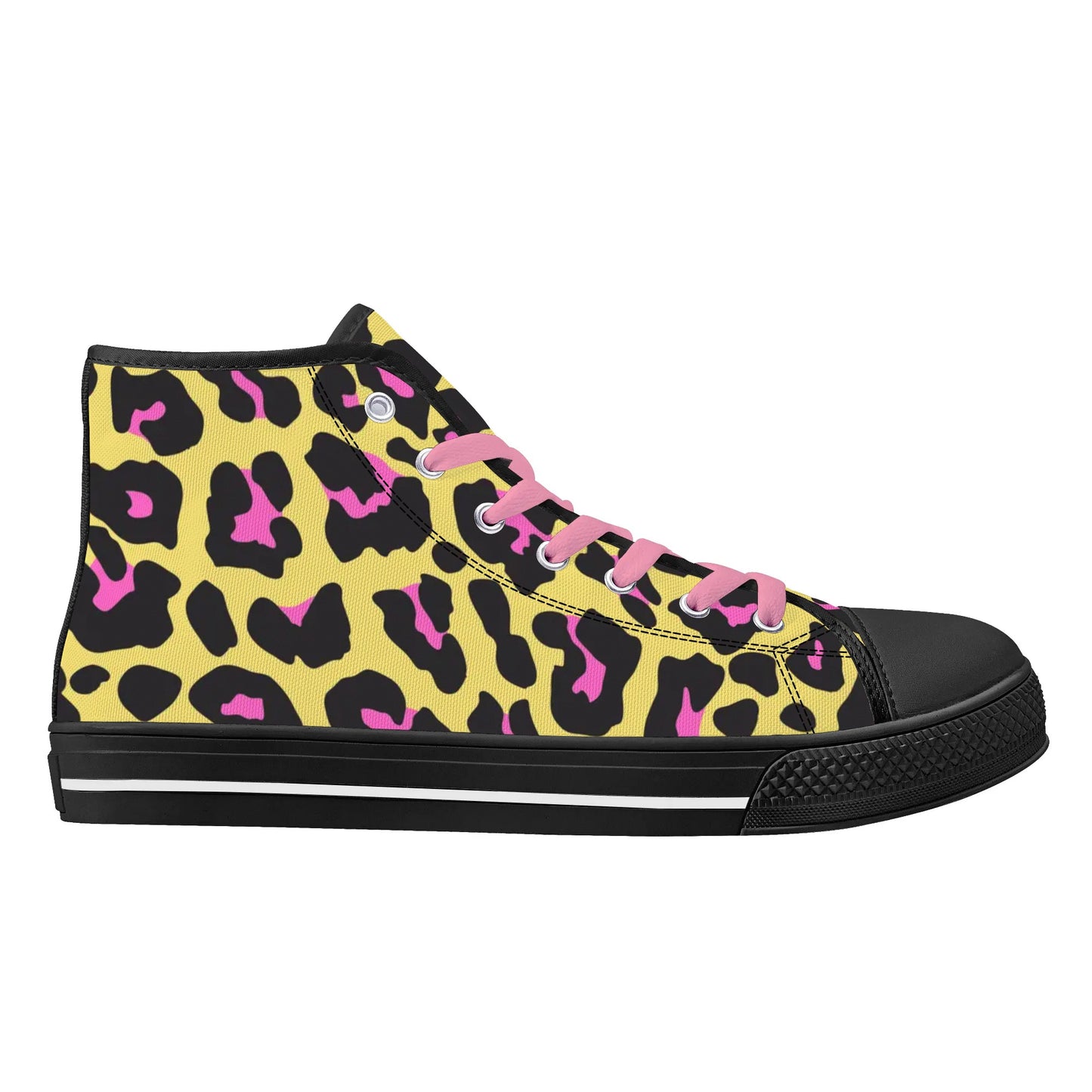 Pink and Yellow Leopard - Pink Laces Mens High Top Canvas Shoes