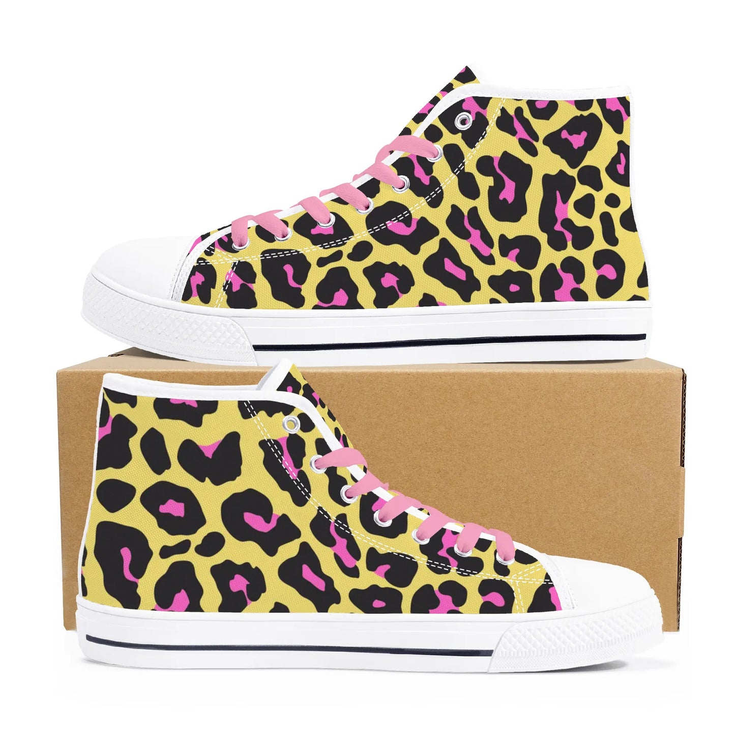 Pink and Yellow Leopard - Pink Laces Mens High Top Canvas Shoes