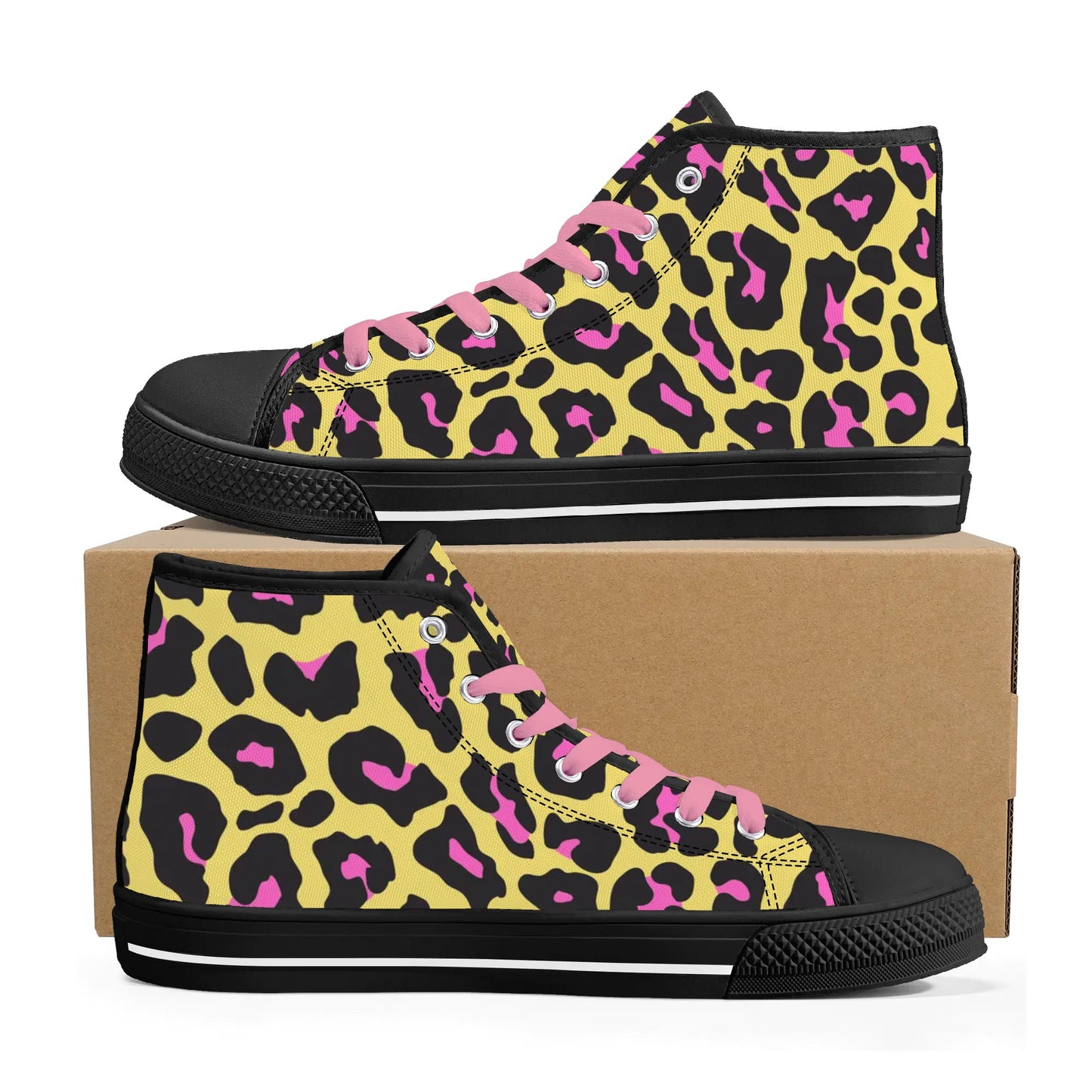 Pink and Yellow Leopard - Pink Laces Mens High Top Canvas Shoes