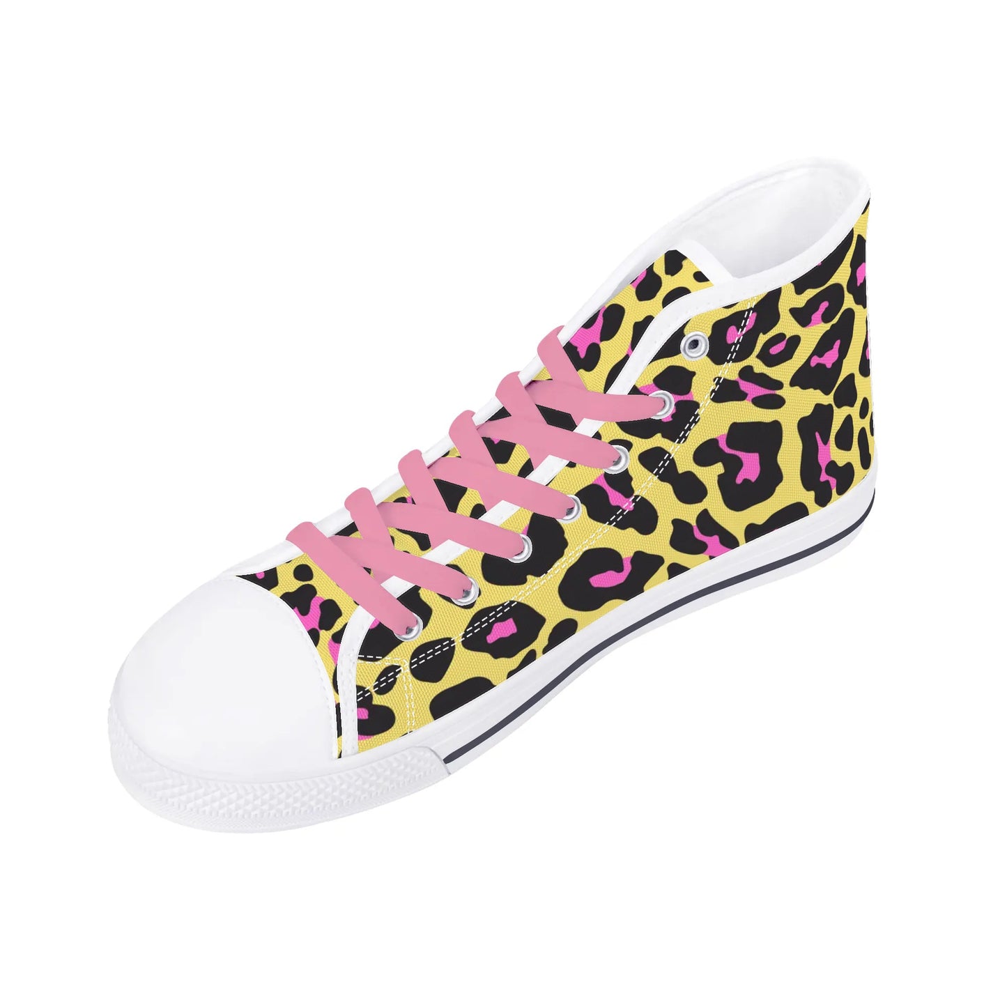 Pink and Yellow Leopard - Pink Laces Mens High Top Canvas Shoes