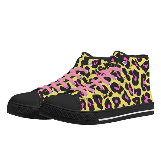 Pink and Yellow Leopard - Pink Laces Mens High Top Canvas Shoes