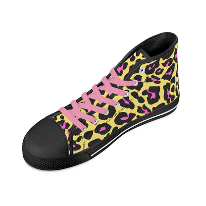 Pink and Yellow Leopard - Pink Laces Mens High Top Canvas Shoes