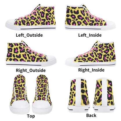 Pink and Yellow Leopard - Pink Laces Mens High Top Canvas Shoes