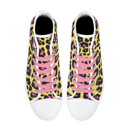 Pink and Yellow Leopard - Pink Laces Mens High Top Canvas Shoes