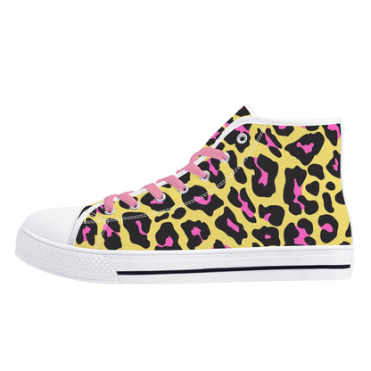 Pink and Yellow Leopard - Pink Laces Mens High Top Canvas Shoes