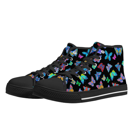 Rainbow Butterfly - BLACK - Womens High Top Canvas Shoes