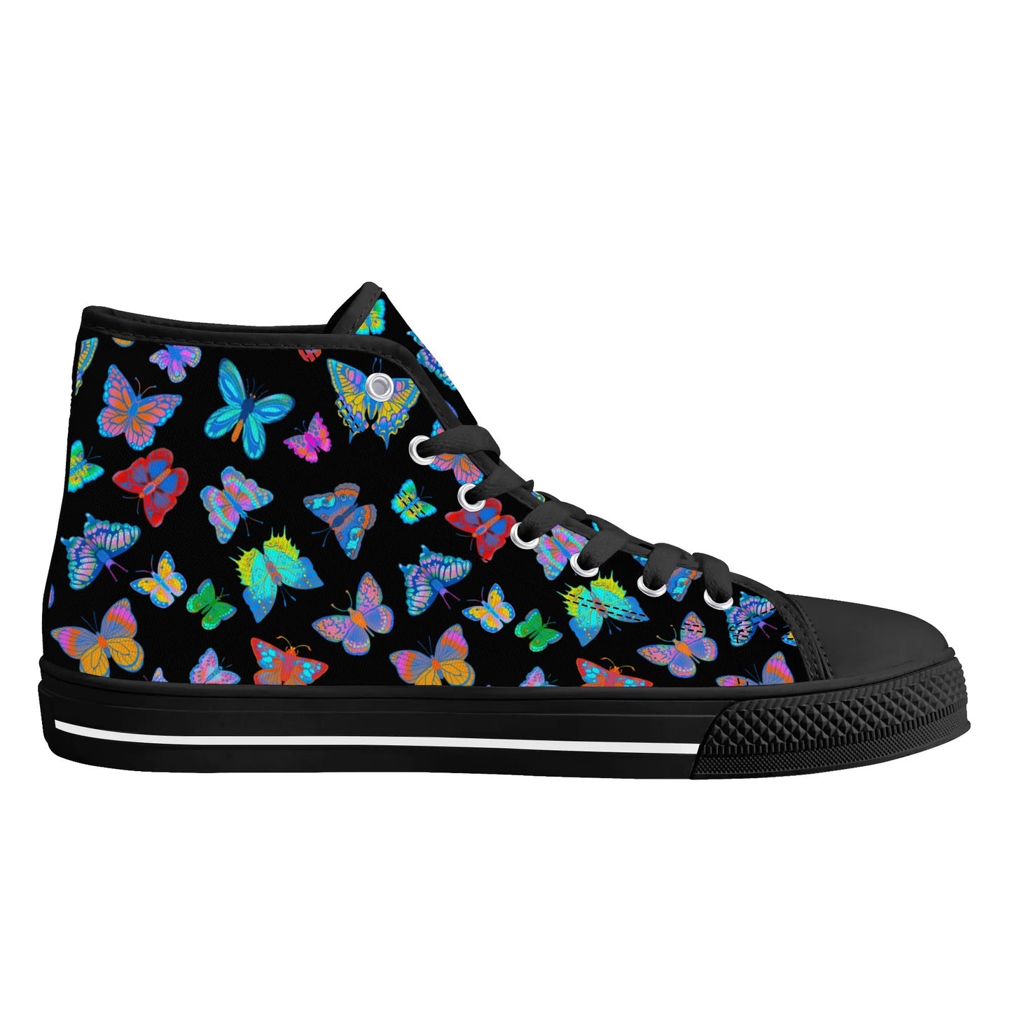 Rainbow Butterfly - BLACK - Womens High Top Canvas Shoes