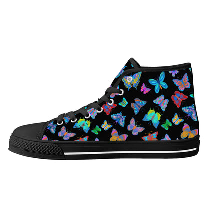 Rainbow Butterfly - BLACK - Womens High Top Canvas Shoes