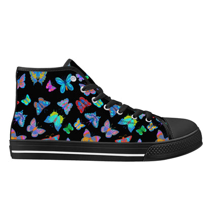 Rainbow Butterfly - BLACK - Womens High Top Canvas Shoes