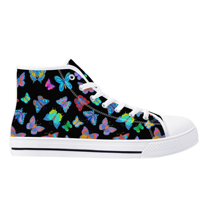 Rainbow Butterfly - BLACK - Womens High Top Canvas Shoes